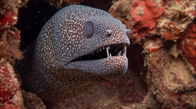 Underwater Moray Eel: A close-up shot of a fierce and captivating moray eel, emerging from its coral habitat. The image captures the eel's unique spotted skin and the intensity in its eyes.