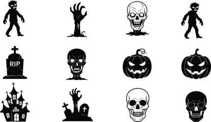 Halloween zombie, skull, pumpkin, graveyard vector set with creepy hands, haunted castle, spooky graves, RIP tombstones, and horror Halloween icons.