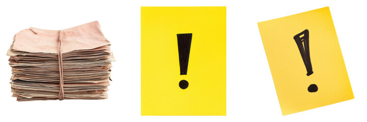Stack of aged paper and attention grabbing exclamation points symbols on transparent background