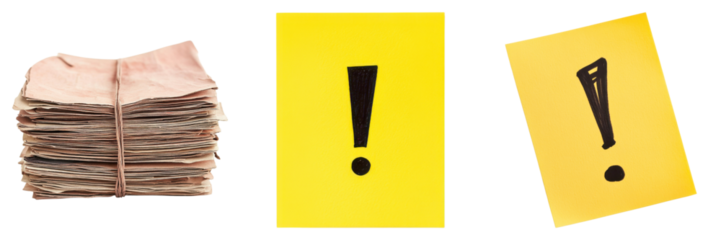 Stack of aged paper and attention grabbing exclamation points symbols on transparent background