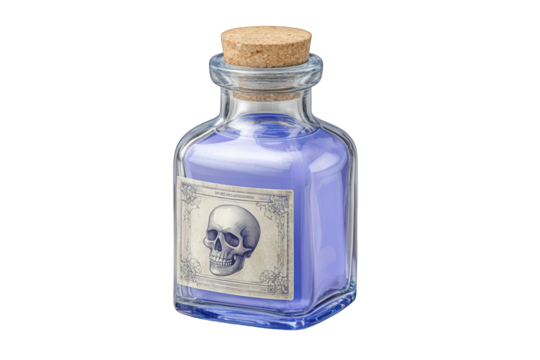 Antique poison bottle with skull label isolated on transparent background