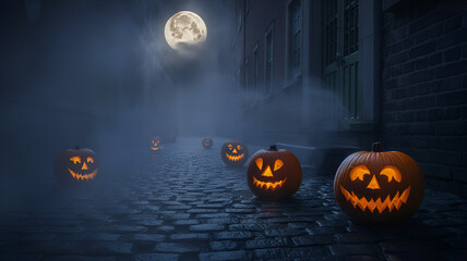 Jack o lanterns line a cobblestone street under a full moon shrouded in fog on a halloween night .