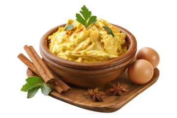 Aji de Gallina creamy Peru poached chicken coated in a spicy and creamy nut-based sauce, herbs, and walnuts served in wooden bowl isolated on white background, concept of South American Cuisine