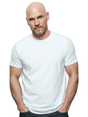 Obraz premium Bald man in casual white t-shirt isolated on transparent background