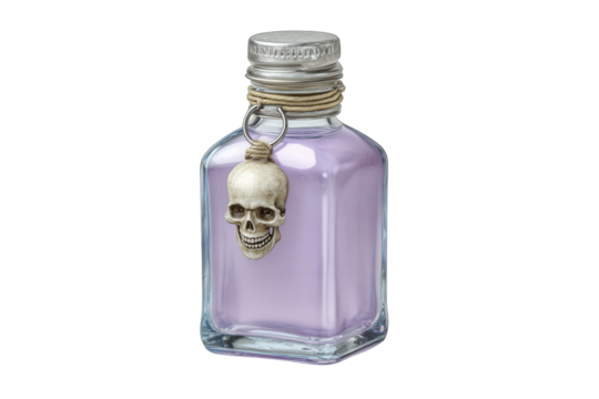 Glass bottle with purple liquid and skull charm isolated on transparent background
