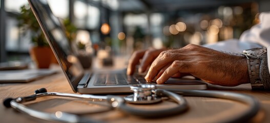 A doctor is typing on a laptop next to a stethoscope on the desk
