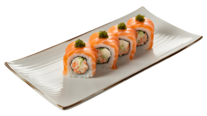 Delicious salmon sushi rolls with creamy filling and caviar offer gourmet dining experience.