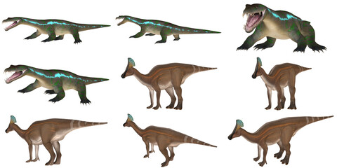 Illustrated dinosaurs in various poses and colors.