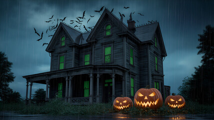 A spooky haunted house with glowing windows and jack o lanterns under a dark sky filled with bats .