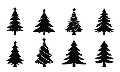 Christmas tree vector icon set. Pine icon set. Black and White Christmas Tree Silhouette Vector Set with Festive Lights. Vector Illustration.