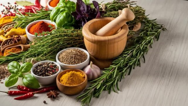 Culinary herbs and spices arrangement