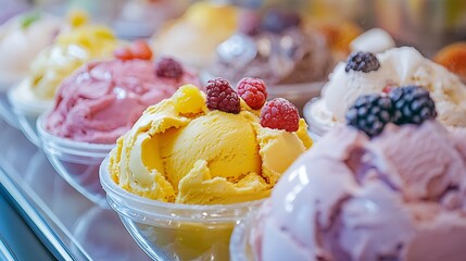 Colorful gelato with real fruit behind glass