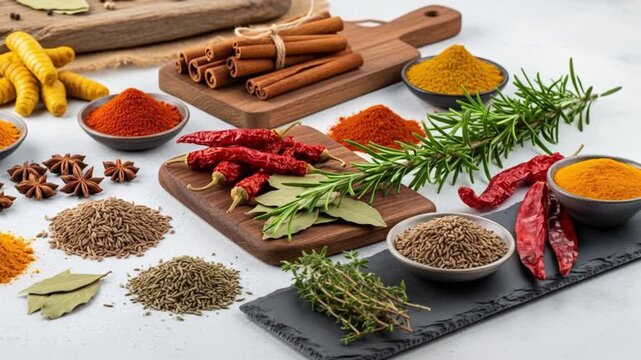 Culinary spice array on white backdrop