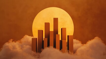 Fototapeta premium A stylized cityscape rises from clouds against a vibrant orange sun, creating a surreal and atmospheric scene.