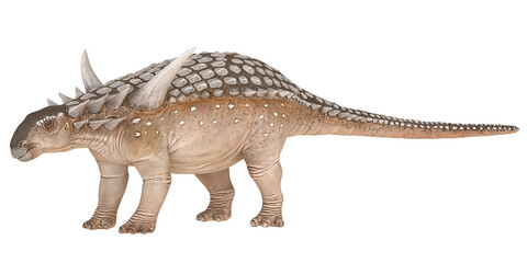 Naklejka premium Detailed model of an armored dinosaur with spikes.