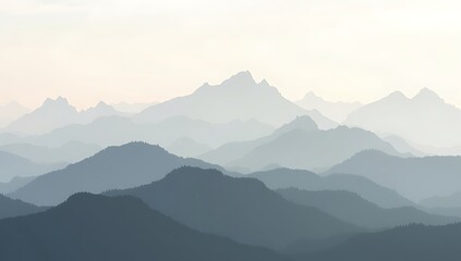 Obraz premium Calming wall art of overlapping mountain silhouettes in different shades of gray, misty atmospheric look, modern minimalist style for bedroom décor.