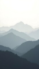 Naklejka premium Calming wall art of overlapping mountain silhouettes in different shades of gray, misty atmospheric look, modern minimalist style for bedroom décor.