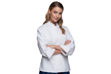 Female chef in a white uniform with her arms crossed, smiling at the camera
