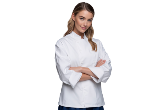 Female chef in a white uniform with her arms crossed, smiling at the camera