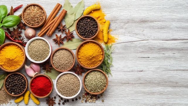 Culinary spices on a wood surface