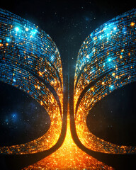 Digital landscape with glowing binary code, futuristic design, vibrant colors, technology concept, abstract art, cosmic background