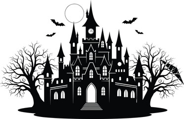 Haunted Gothic Castle with Full Moon, Bats, Dead Trees and Spooky Halloween Atmosphere in Black Silhouette Vector Illustration Design