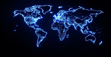 Fototapeta premium Glowing digital world map with network connections on futuristic dark background, showing continents interconnected through light nodes and lines. Ai generative