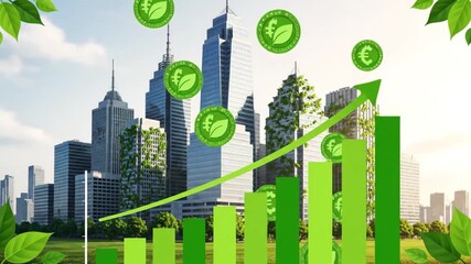 A modern city skyline integrates a rising green financial chart and eco-friendly currency, symbolizing sustainable economic growth and environmental investment. - Powered by Adobe