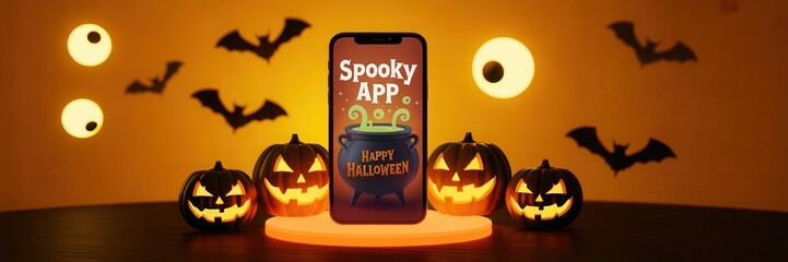 Spooky Halloween app promotion on phone surrounded by jack-o'-lanterns, bats, and glowing eyes creates festive digital marketing magic