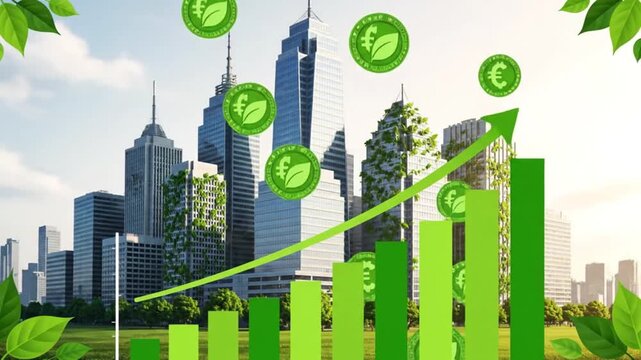 A modern city skyline integrates a rising green financial chart and eco-friendly currency, symbolizing sustainable economic growth and environmental investment.