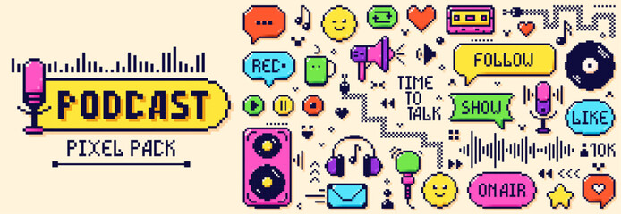 Pack with 8 bit Y2K pixel color podcast elements. Snake, record, stereo, audio, microphone, emoji.