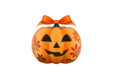 Cute halloween pumpkin with orange bow isolated on transparent background
