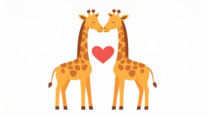 Fototapeta premium Two giraffes, touching necks, with a red heart between them, symbolizing love.