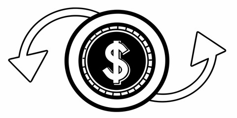 Black and white illustration of a dollar coin with arrows circling it in opposite directions
