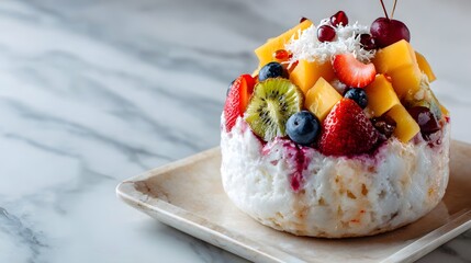Korean bingsu dessert with fruit toppings on marble surface, negative space on top 