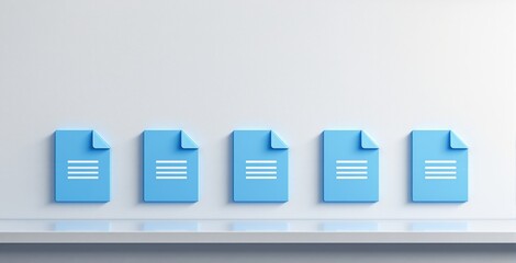 Blue document icons lined up on white shelf over soft white background in minimalist creative concept design style. Ai generative. Ai generative
