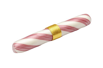 Obraz premium Rolled napkin with pink stripes and gold ring isolated on transparent background