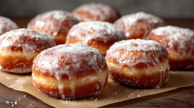 Polish paczki donuts with sugar glaze on baking paper, space upper left 