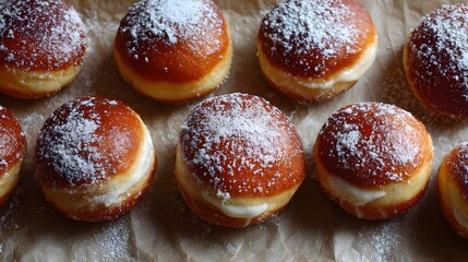 Polish paczki donuts with sugar glaze on baking paper, space upper left 