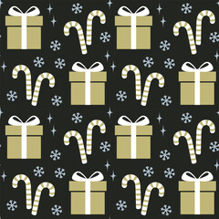Seamless Christmas Pattern With Gift Boxes, Candy Canes and Snowflakes on Black Background