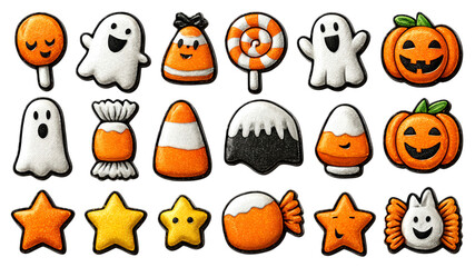Naklejka premium A colorful assortment of Halloween-themed candies and treats, perfect for celebrations.