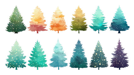 Obraz premium A colorful collection of watercolor pine trees in various shades and styles.