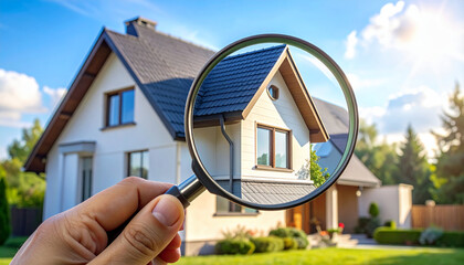 Magnifying glass over a residential house, symbolizing real estate inspection, home buying, property search, and detailed analysis for a safe and informed decision