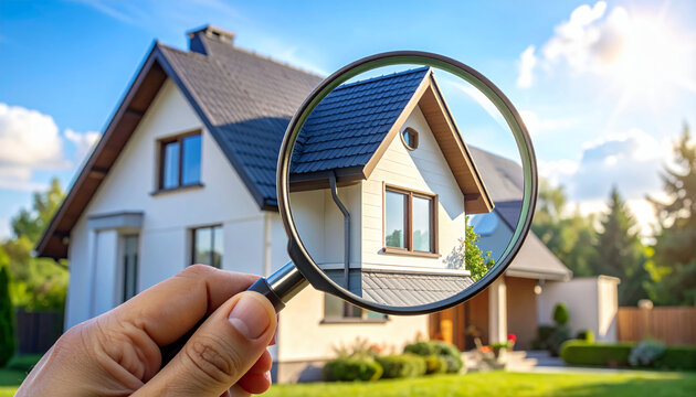 Magnifying glass over a residential house, symbolizing real estate inspection, home buying, property search, and detailed analysis for a safe and informed decision