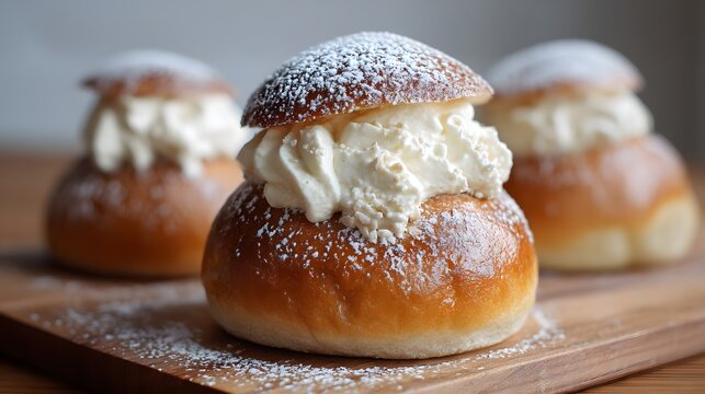 Scandinavian semla bun with almond paste and cream, clean right area for overlay 