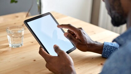 Person interacting with a tablet, finger touching blank screen. A glass of water sits nearby on a wooden table