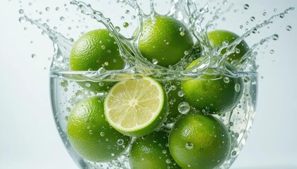 Limes in a glass bowl with water splashing around them, one lime is cut in half, revealing its juicy interior.