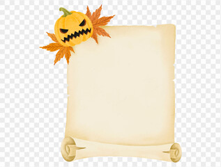 Watercolor scroll halloween parchment decorated with pumpkin and autumn leaf Vector.