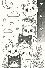 Cute group of cats coloring page for kids with stars, moon and hearts, black and white line art illustration — Children’s coloring book words + concept