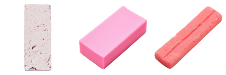 Three rectangular pink erasers, each slightly different, presented on a transparent background